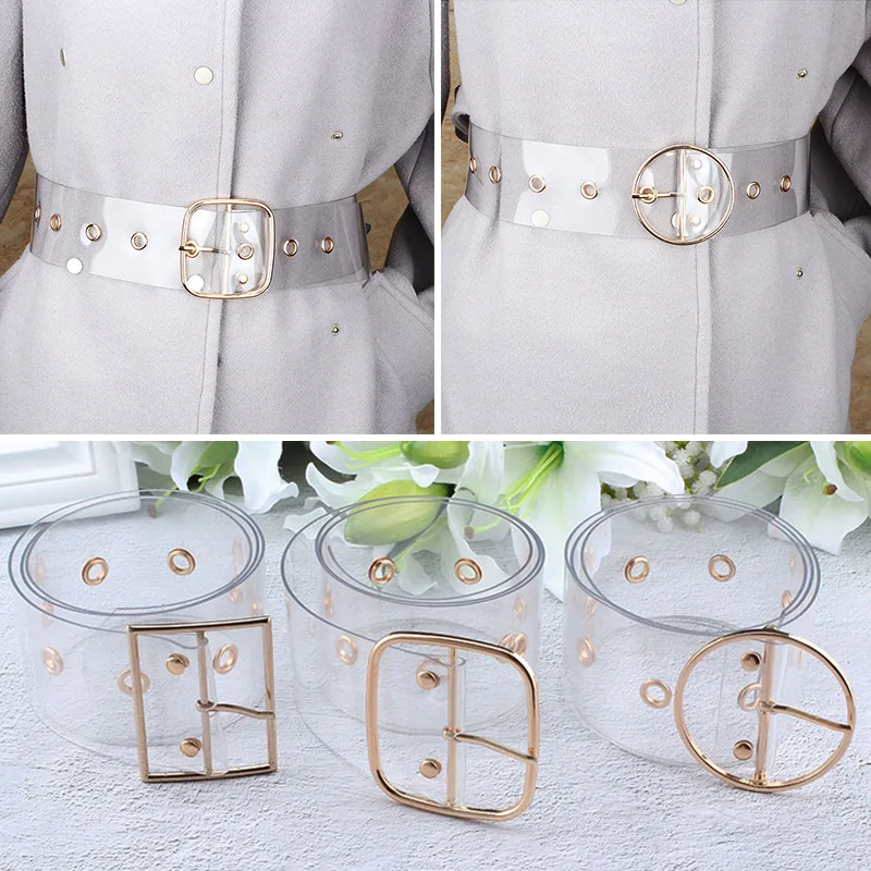 

Wide Transparent Belt PVC Clear Waist Belt Rivet Eyelet Metal Pin Buckle Resin Plastic Full Grommet Adjustable Long Belt 1PCS