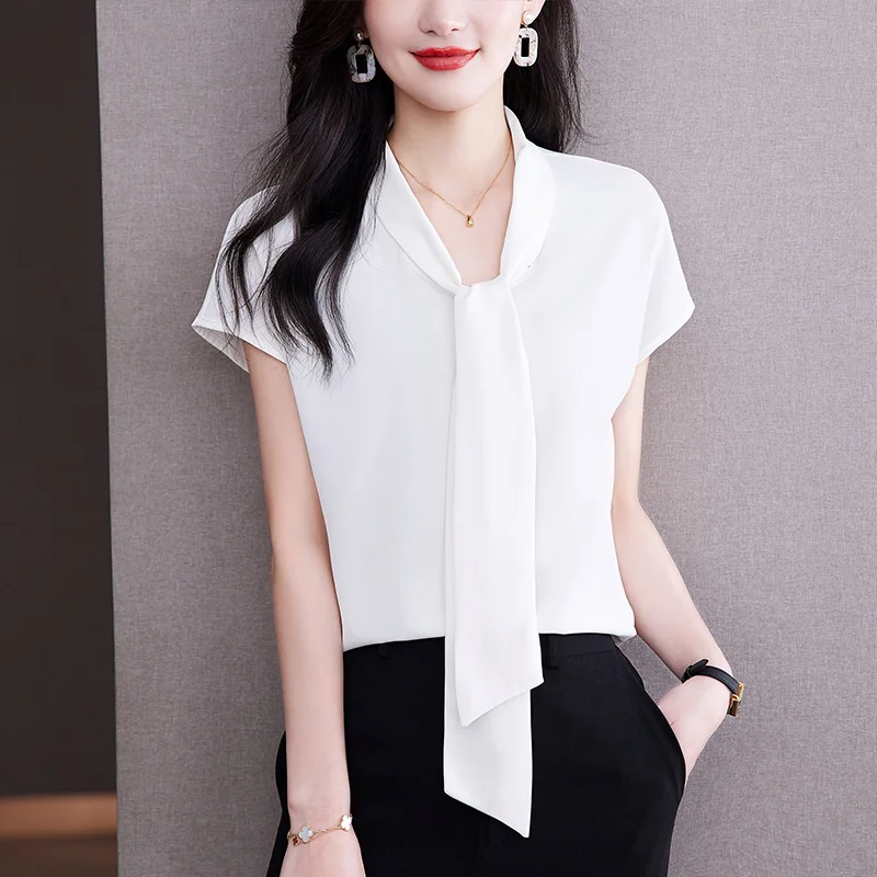 

Chiffon Women's Blouse Summer Solid Loose Shirt Large Size Sleeveless Casual Top Fashion Female 2022 New Korean Bow Clothing