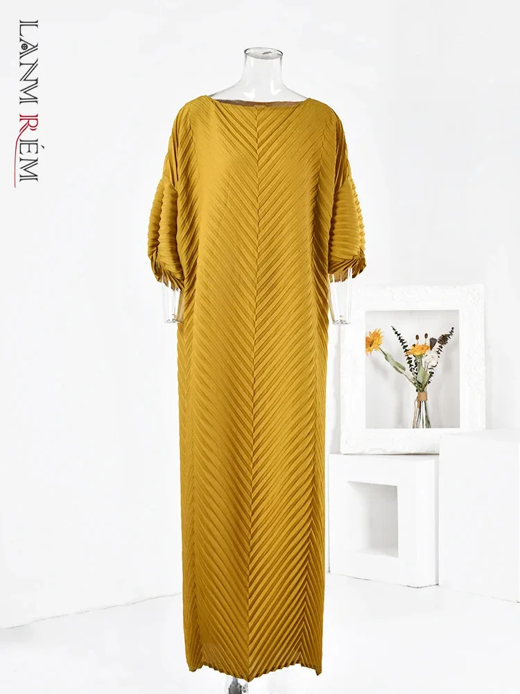 

LANMREM Solid Color Pleated Long Dress Women Round Neck Long Sleeves Dresses Fashion Party 2024 Spring New Clothing 2AAa1410