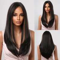 long straight brown with highlight synthetic hair wigs middle part natural hair heat resistant wigs for women daily wigs