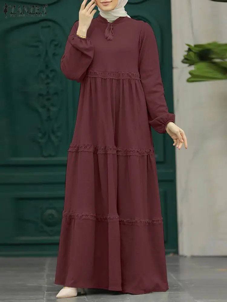 

Stylish Women Maxi Dress Spring Long Sleeve Ruffles Patchwork Long Sundress ZANZEA Vintage Solid Muslim Abaya Vestido Kaftan