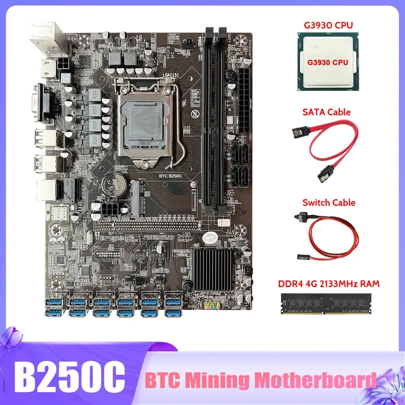 

B250C BTC Mining Motherboard+G3930 CPU+DDR4 4G 2133Mhz RAM+SATA Cable+Switch Cable 12X PCIE To USB3.0 GPU Motherboard