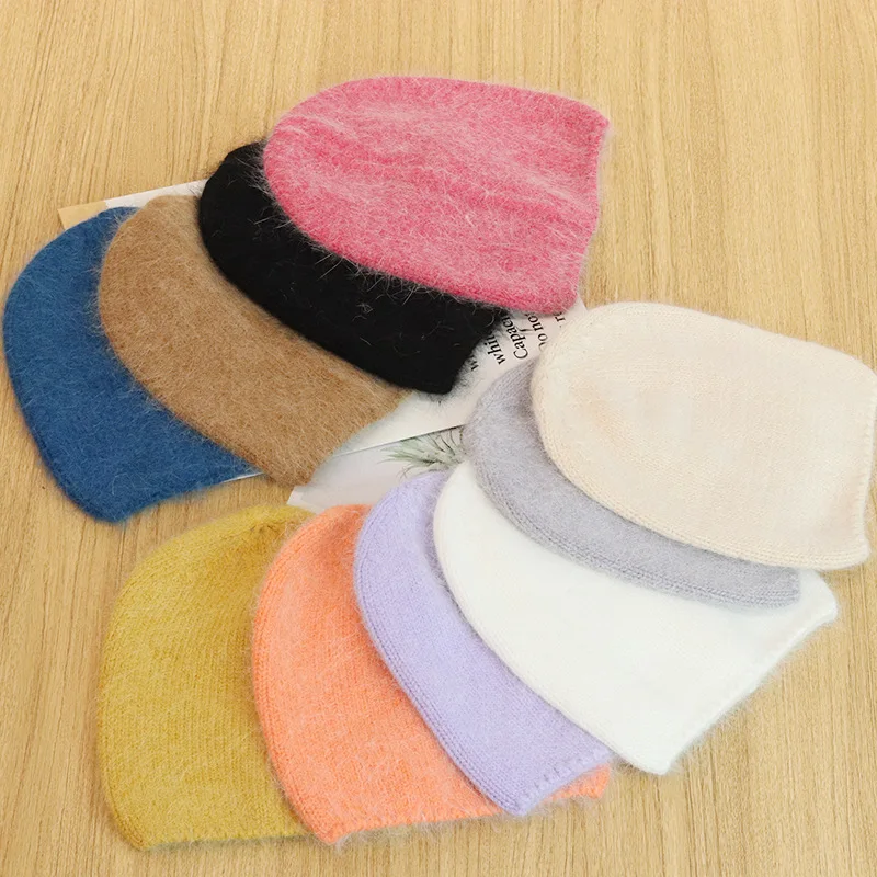 

Rabbit Fur Beanie Hat Autumn and Winter Korean Candy Color Single Layer Warm Knitted Cap Ear Protection Women's Hats Skullies