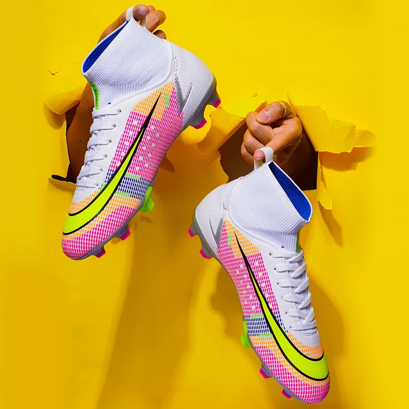 New Pink Men Soccer Shoes Adult Kids TF/FG High Ankle Football Boots Cleats Outdoor Training Soccer Sneakers Long Spike Boots