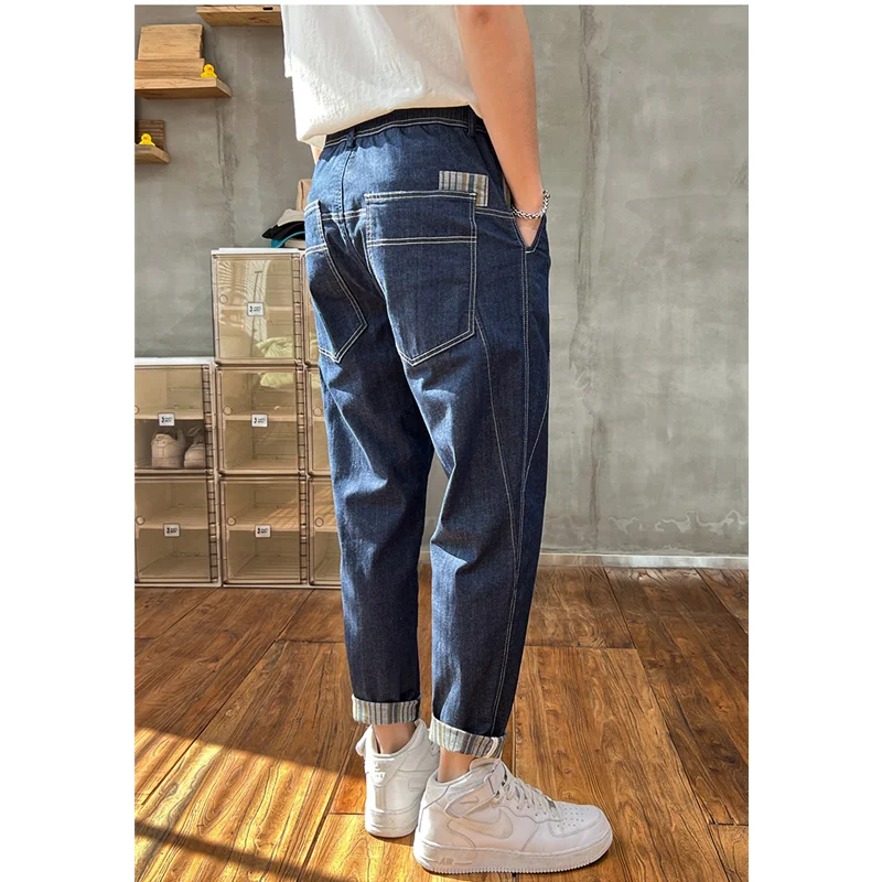Men's Wear 2022 Autumn and Winter New Style Versatile Straight Nine Points Navy Blue Cargo Pants Loose Recreational Jeans Female