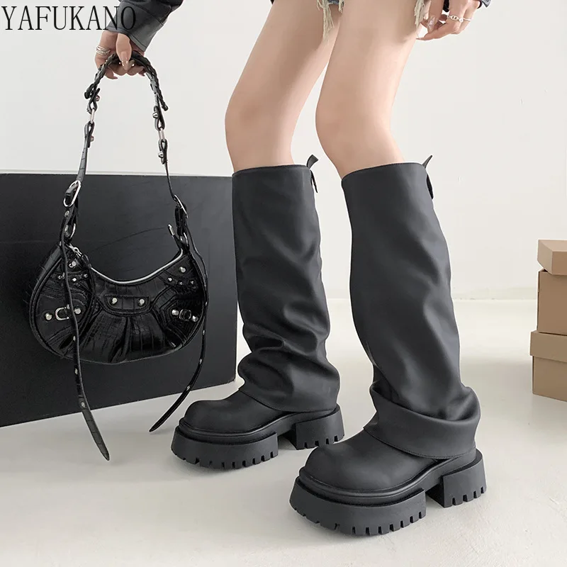 Женские сапоги до колена на толстом каблуке размер 35 - 43 цвет черный/коричневый