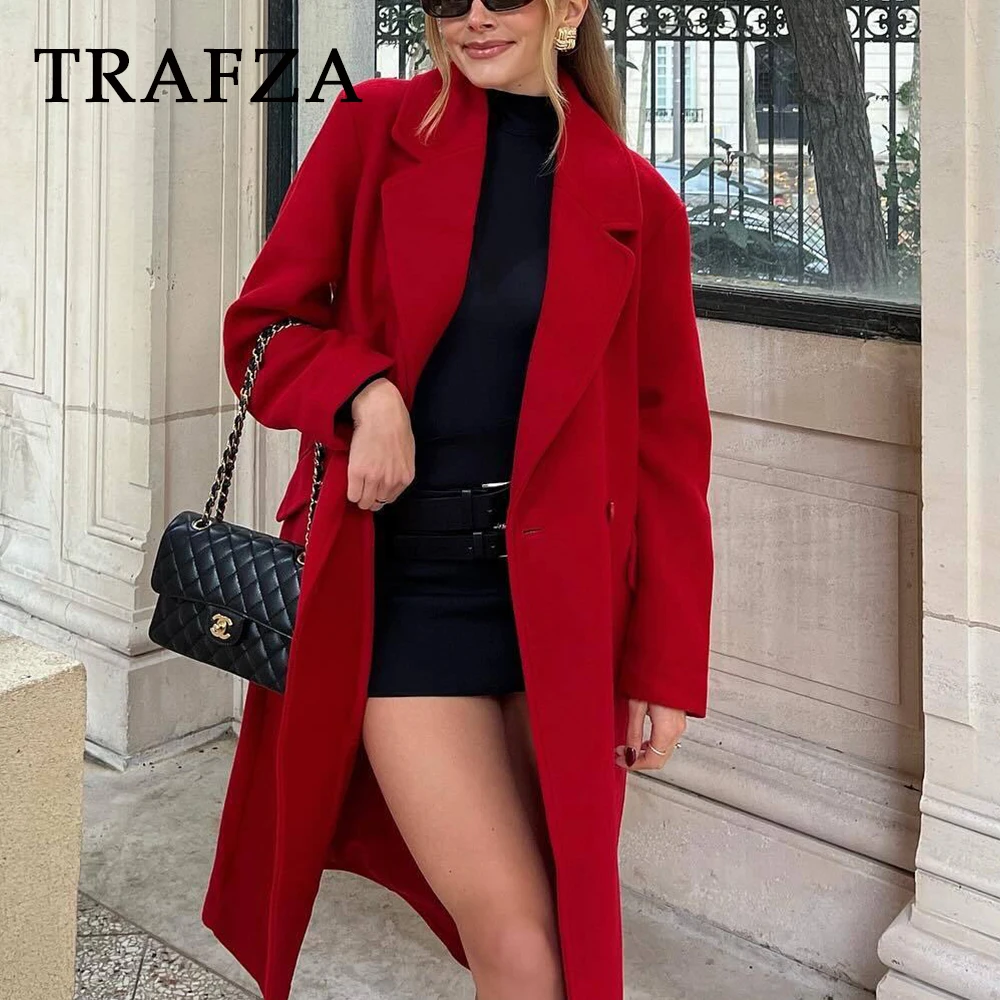 Женское двубортное пальто TRAFZA повседневное однотонное красное длинное
