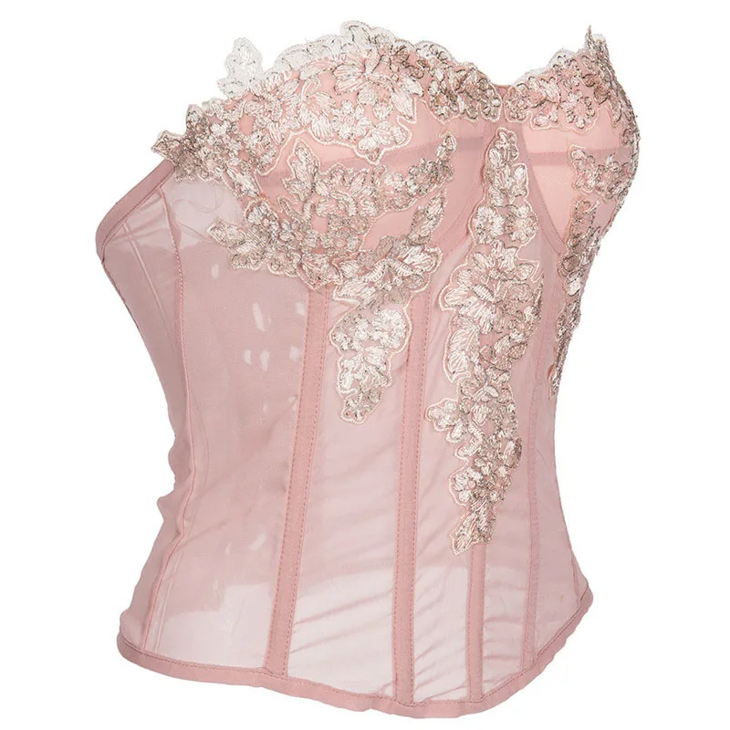 

Sexy Pink Slimming Corsets Women Bustiers Lace Chiffon Lingerie Cup Padded Embroidery Corsets Applique Gothic Steampunk And