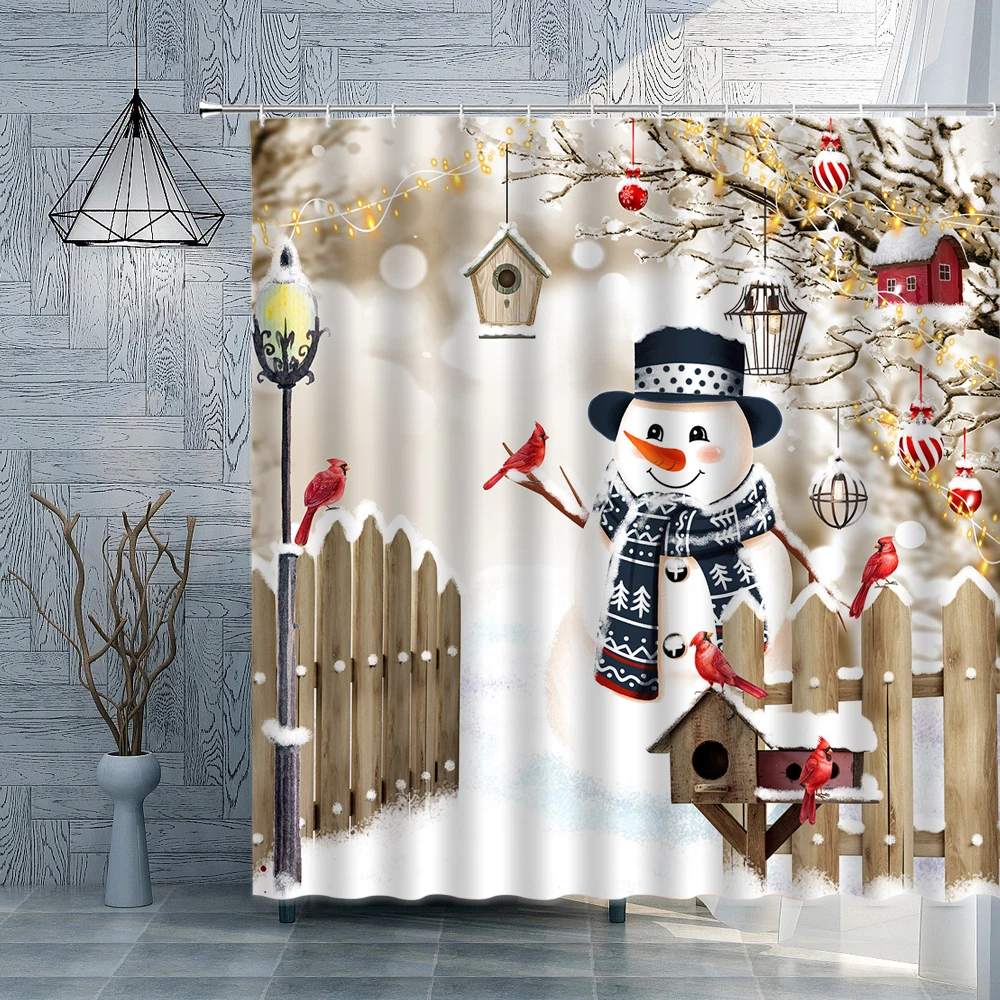 

Рождественская занавеска для душа, снеговики, птицы, сельская деревянная загородка, зима, праздник, новый год, тканевые занавески для ванной, загородный декоративный набор