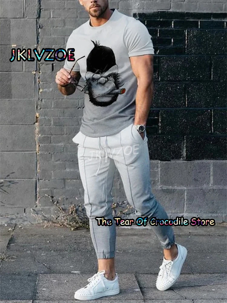 2023 Men's T Shirt+Trousers Tracksuit 2 Piece Set 3D Printing Summer Monkey Short Sleeve Long Pants Street Fashion Clothes