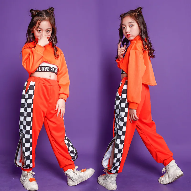 

Kid Hip Hop Clothing Mock Neck Sweatshirt Crop Top Orange Checkered Streetwear Split Jogger Pants for Girl Dance Costume Clothes