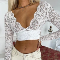 spring and summer fashion womens sexy hollow out long sleeve t shirts temperament slim thin lace short bandage crop tops female