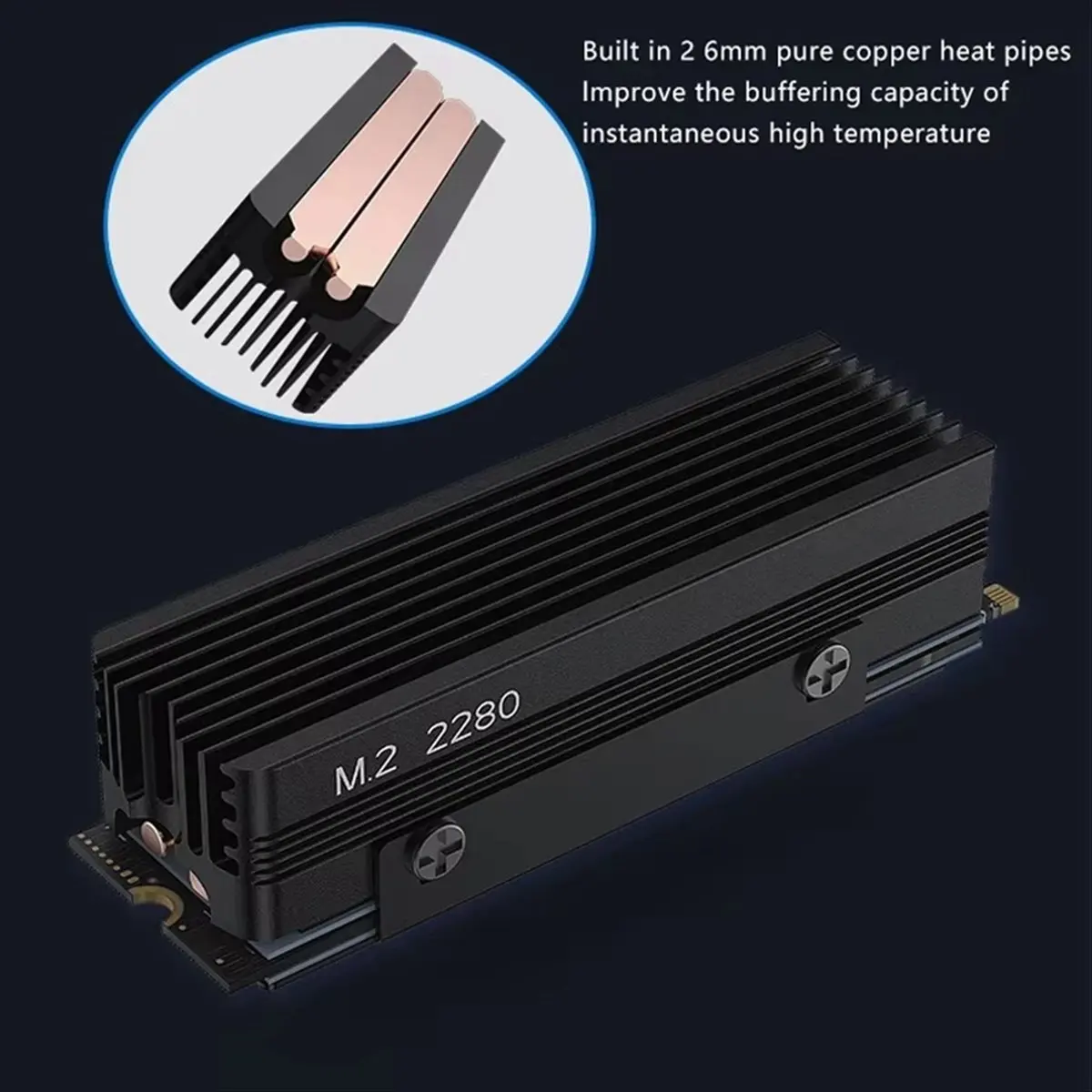 Радиатор A99X M.2 2280 SSD с теплопроводной прокладкой 14,8 ВтмК и 2 тепловыми трубками для M.2 NVMe 2280 SSD, черный (art.: 3920dca1752e1) - 3920dca1752e1