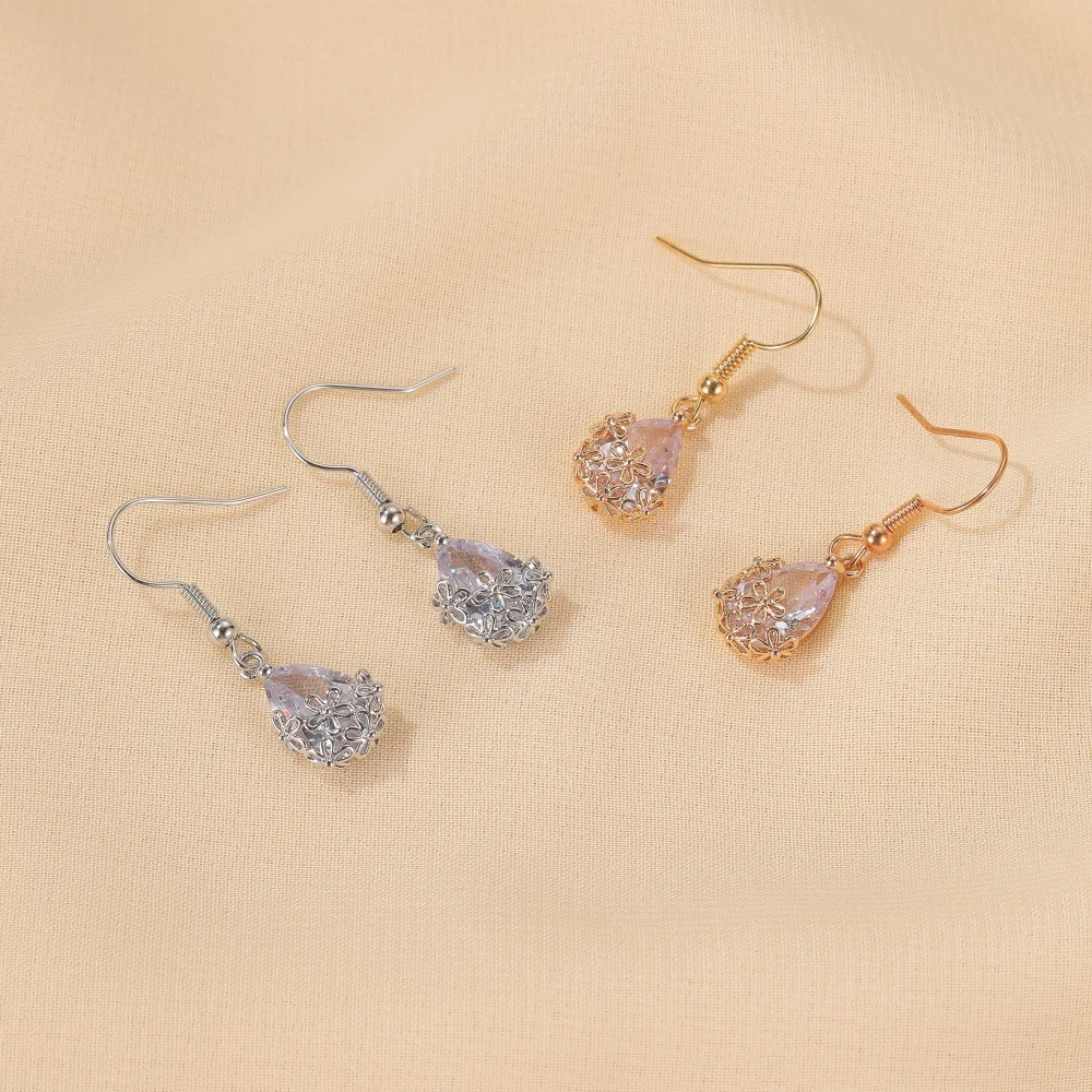 

Ethnic Crystal Earrings Hollow Flower Drop Earrings For Women Shiny Zircon Water Drop Earing Premium Feel Dangle Earrings