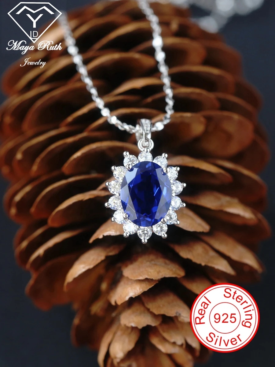 

Created Sapphire Halo Diana Princess Real 925 Sterling Silver Party Pendant For Women Blue Gemstone Oval Shape Female Lover Gift