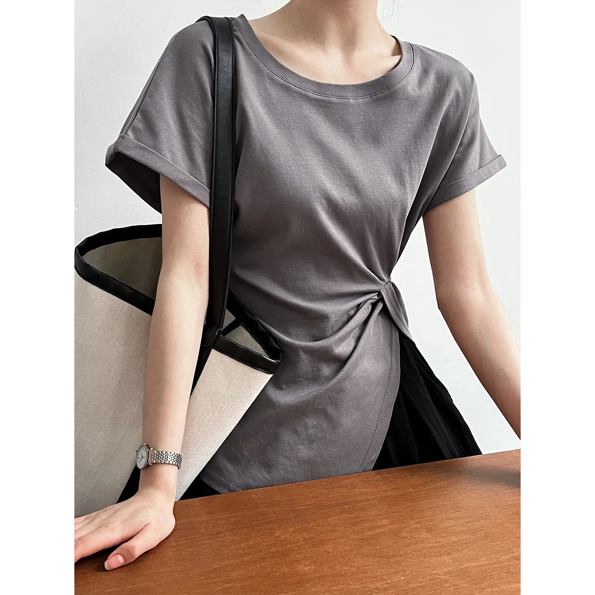 

Irregular Tees For Women Summer White Color Short Sleeves Lady Shirring T-Shirt Tops