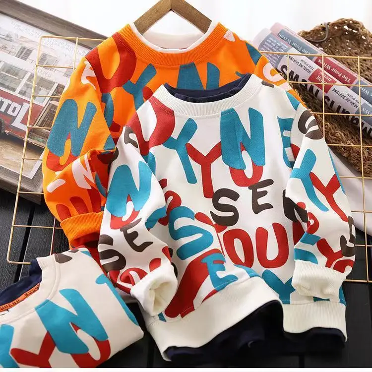 

Boy's Hoody Autumn 2023 New Top Printed round Neck Children's Fake Two Pieces Leisure Long Sleeve Athletic Clothing