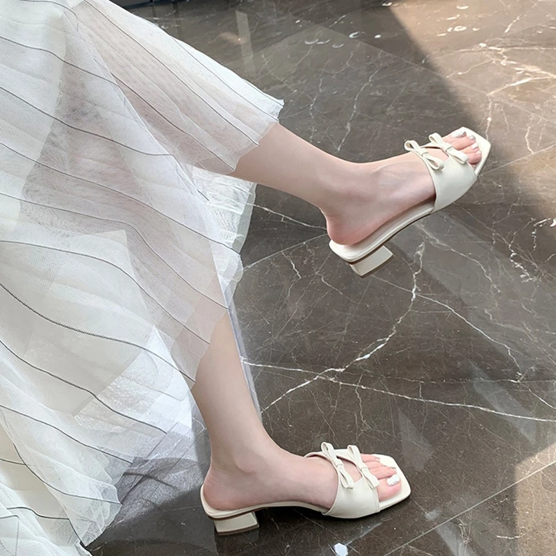 2023 Summer New Brand Women Slippers Fashion Bowtie Slip on Sandals Low Square Heel Outdoor Casual Beach Slides Shoes Flip Flops