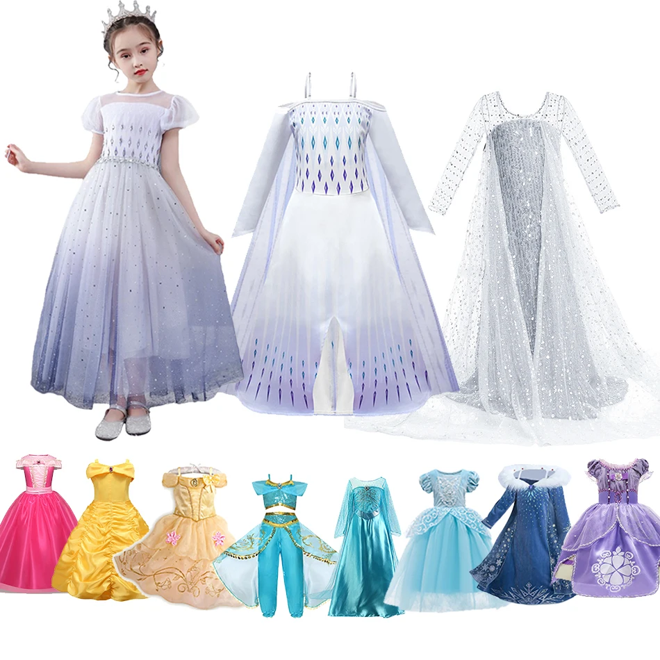 Girl Elsa Anna Dress Up Children Belle Snow White Jasmine Sofia Sleeping Beauty Fancy Halloween Costume Party Princess Clothes