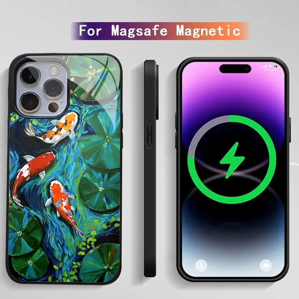 Чехол Для Телефона С Картиной Маслом Koi Fish iPhone 15/14/13 Pro Max/11/12 Mini Magsafe Совместимый
