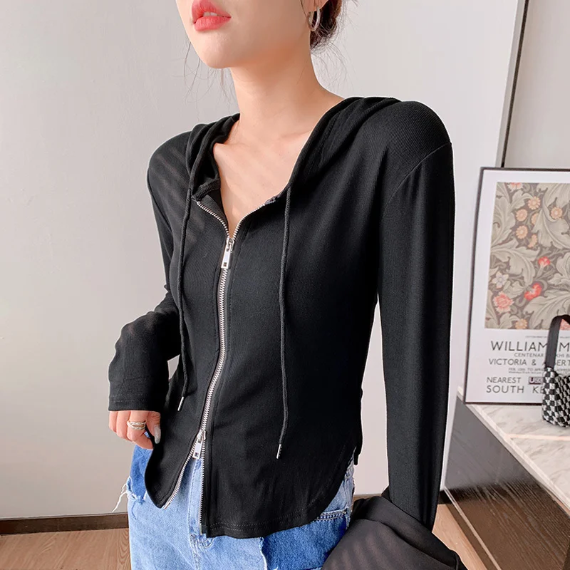 

Real Shot Zipper Cardigan Long-sleeved Women's New Korean Version Spring Top Pure Cotton Slim Hooded Outer Wear All-match Coat