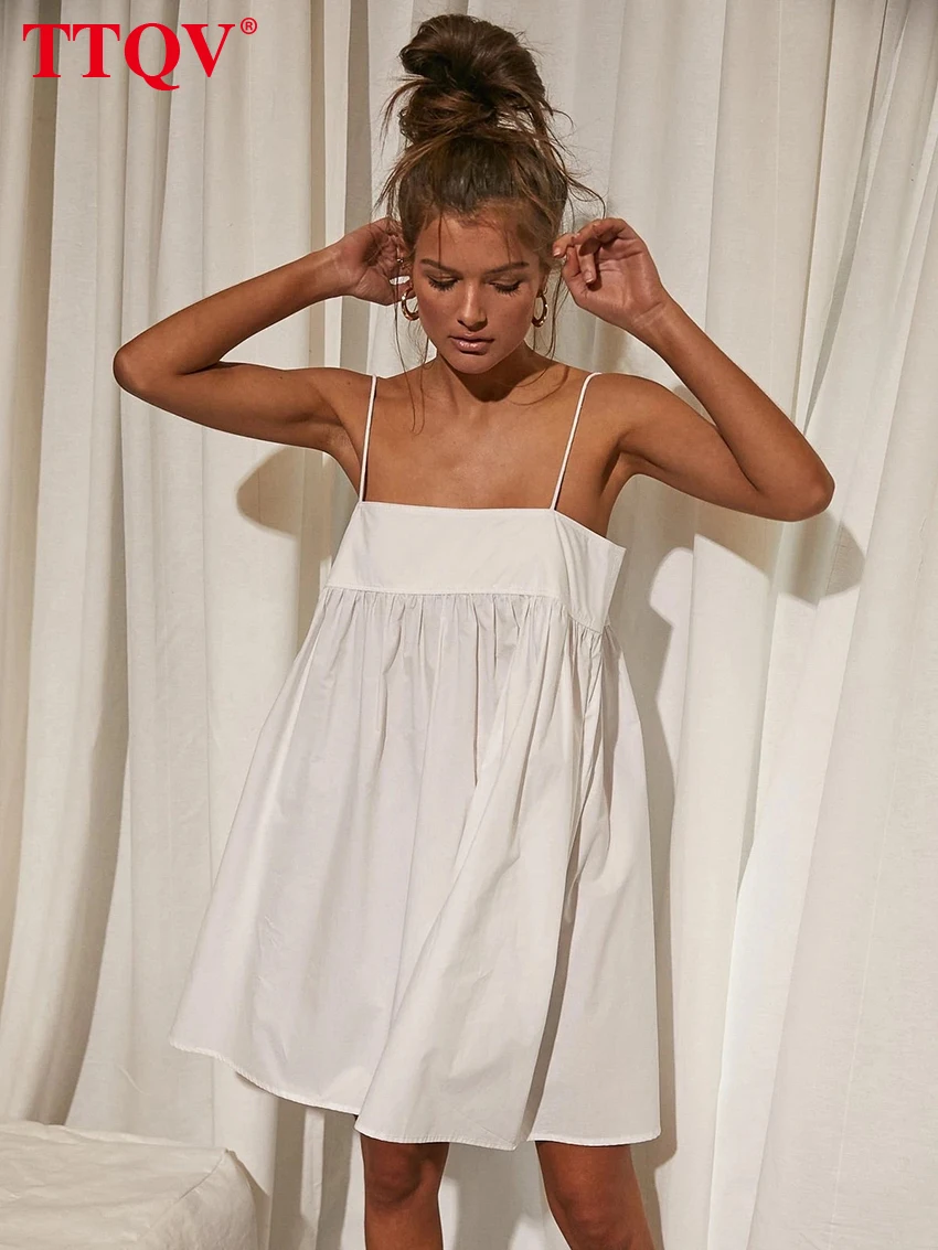 

TTQV Sexy Spaghetti Strap White Dress Ladies Elegant Loose Sleeveless Mini Dress Casual Backless Summer Dresses For Women 2022