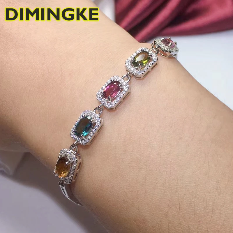 

DIMINGKE Natural 4*6MM 3 Color Tourmaline Bracelet for Women 17CM Women 100%-S925 Silver Jewelry Party Birthday Gift