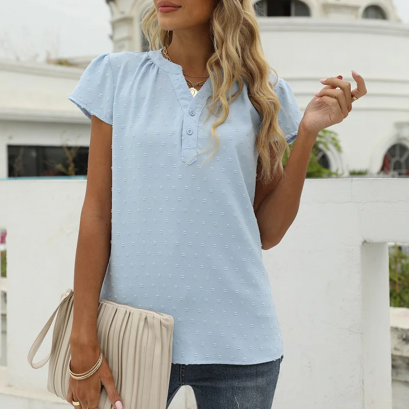 

Рубашка женская с коротким рукавом, Повседневная Блузка на пуговицах, однотонная с V-образным вырезом, на пуговицах, A66