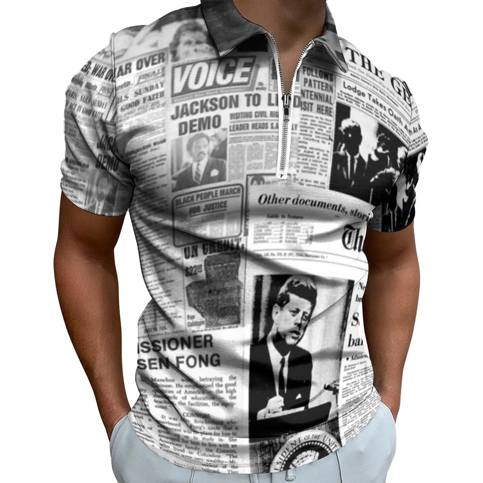 

Футболка-поло мужская с принтом газет и коллажей, Повседневная рубашка в стиле ретро, на молнии, с графическим принтом, в стиле оверсайз