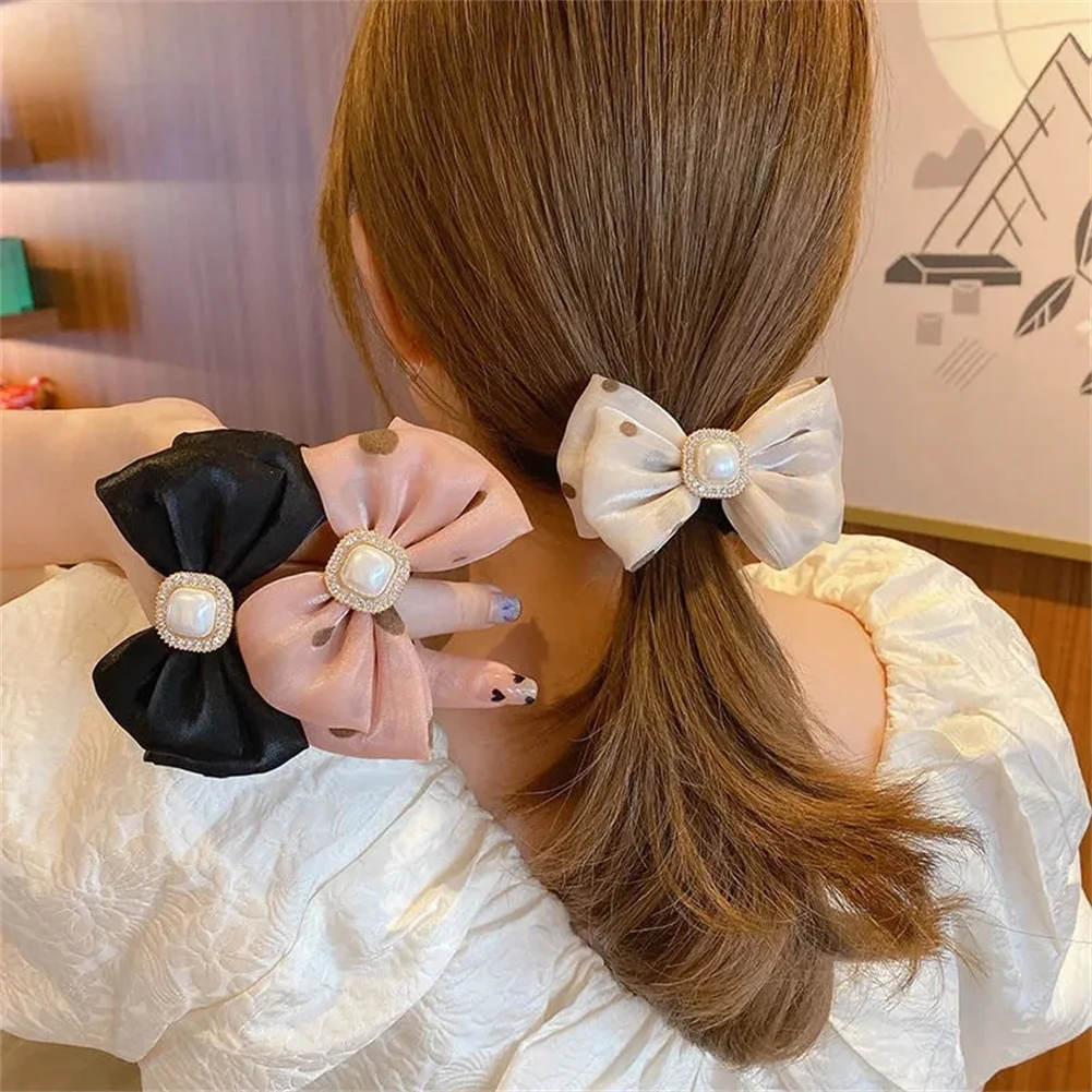 

1Pcs Sweet Bow Knot Scrunchies For Women Girls Polka Dots Pearl Organza Hair Bow Elastic Hairband Female Hair Accessories Gifts