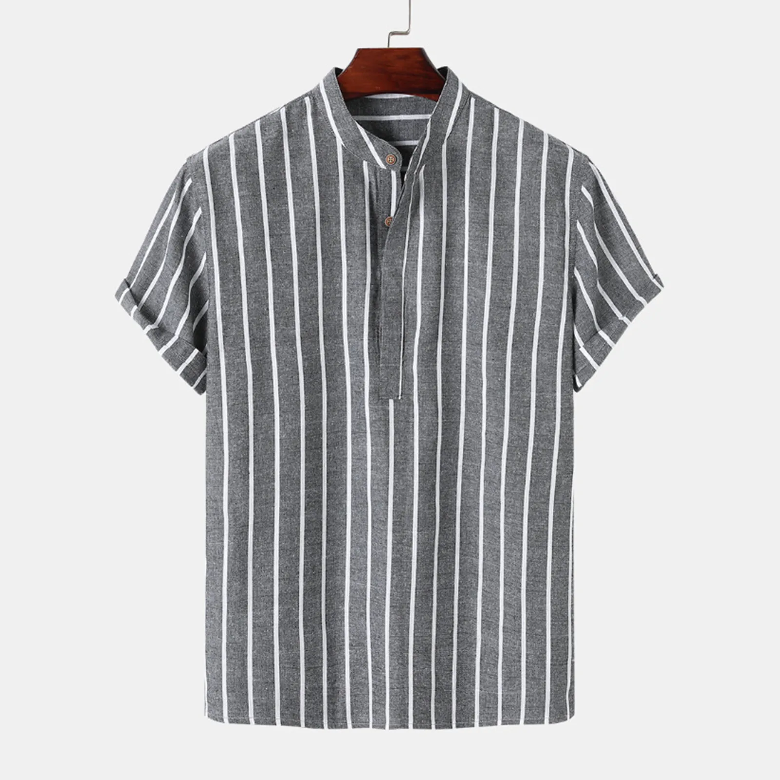 

Med Mens Shirts Male Casual Stripe Shirt Short Sleeve Stand Collar Shirt Blouse Tops Pearl Snap Shirt Cowboy Shirt