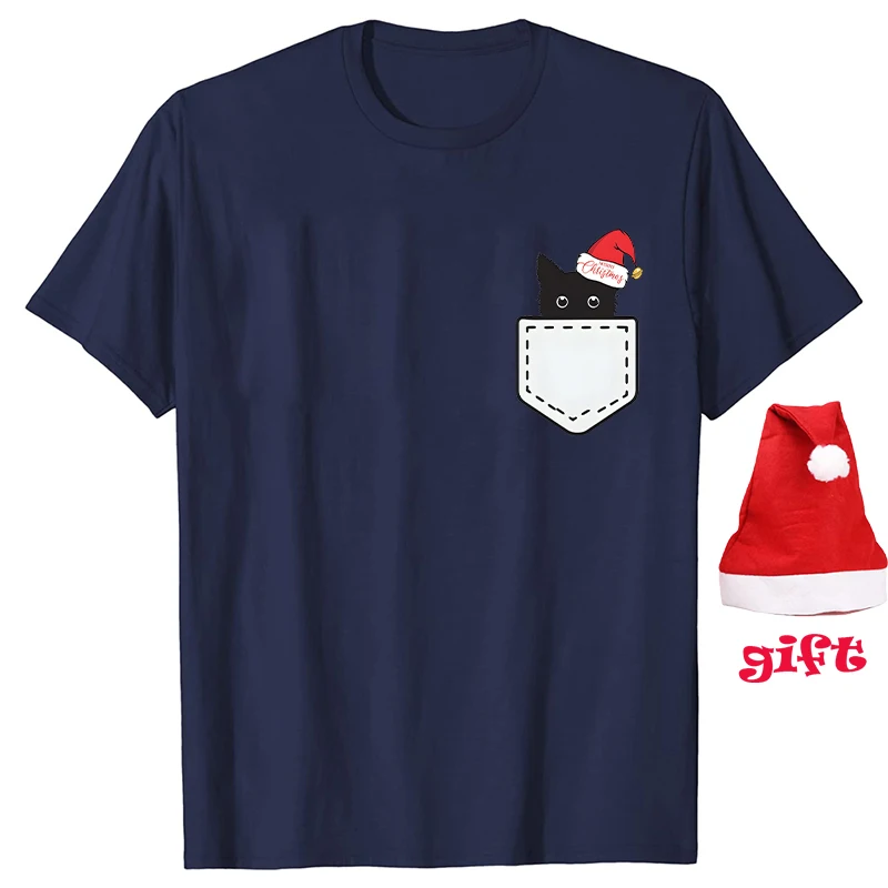 Забавная Рождественская рубашка с карманом в виде кошки футболки для женщин