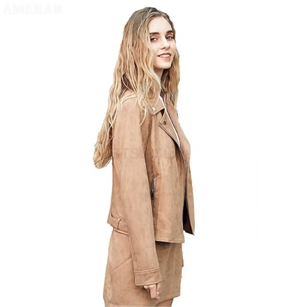 Women Real Suede Pure Color Jacket Long Sleeve Zipper Pocket Short Moto Biker Coat Ladies Lapel Genuine Leather Leisure Top