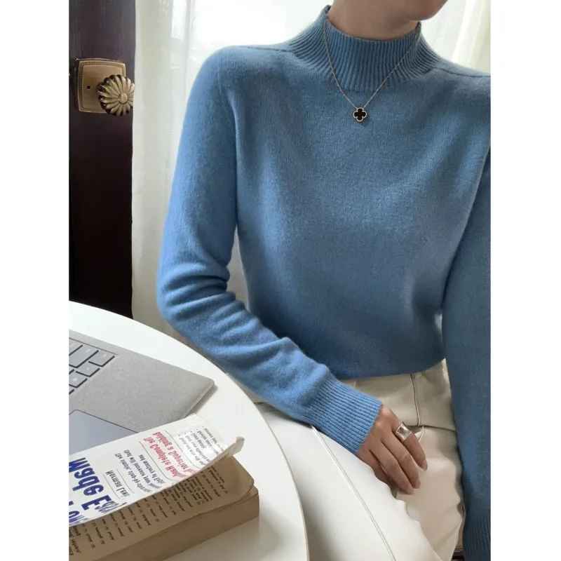 

Autumn Winter 100%Wool Half High Collar Sweater Soft Long Sleeve Basic Pullovers Tops