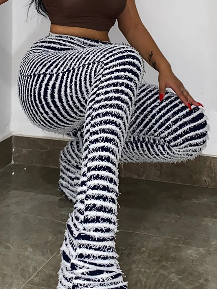

Y2K Women Streetwear Black Striped Knitted Pants High Waist Stacked Sweatpants Flare Leggings Tight Trousers Bottoms Clothes