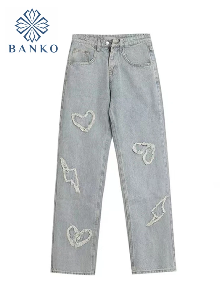 

Jeans Women's Spring 2022 New Fashion High Waist Harajuku Straight Casual Streetwear All-Match Blue Denim Pants Female Trendy