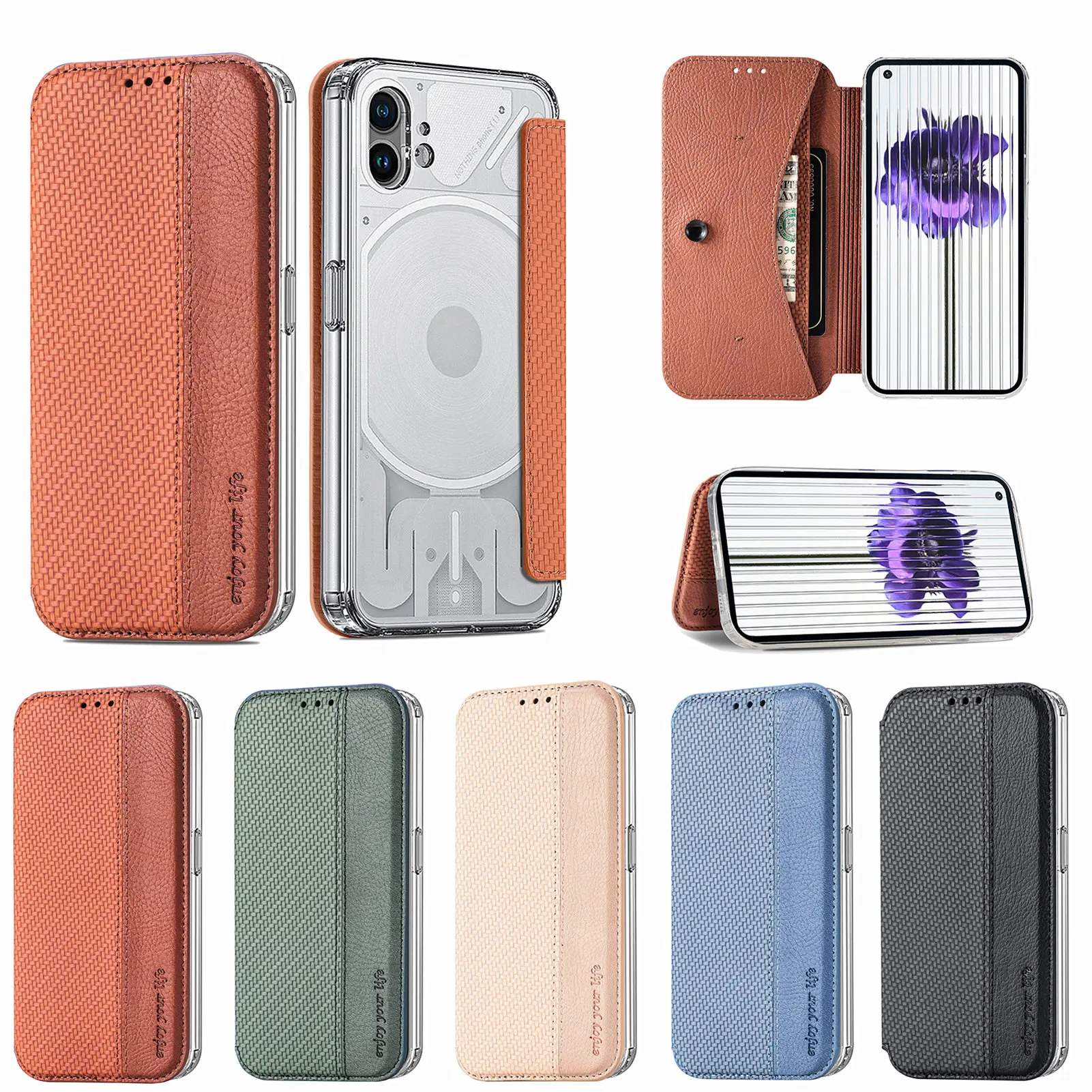 

Fiber Texture Pu Leather Wallet Card Slots Sucker Flip Phone Case For Nothing Phone 1 Soft TPU Bumper Clear Back Cover