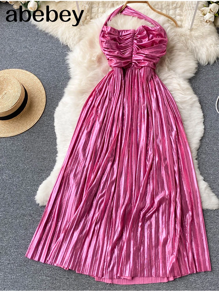 

2022 women Halter Strap Sexy Sundress Female Shiny High quality Tank Pleated Dress Summer Sling Club Party Long Dresses