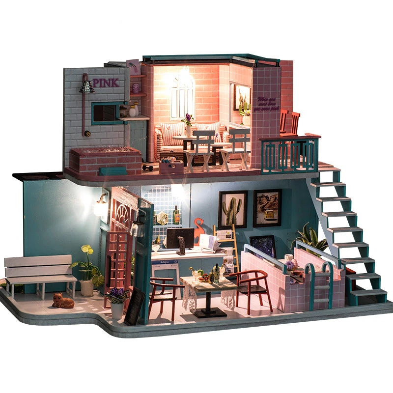 

Diy Wooden Doll House Miniature Building Kit Modern Pink Cafe Loft With Furniture Casa Dollhouse Toys For Children Birthday Gift