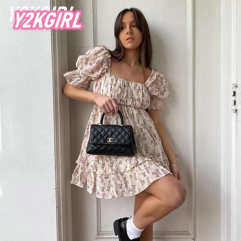 

Летнее мини-платье Y2KGIRL с цветочным принтом, женский сарафан с пышными рукавами, милые пляжные платья в стиле бохо, сексуальное вечернее Клу...