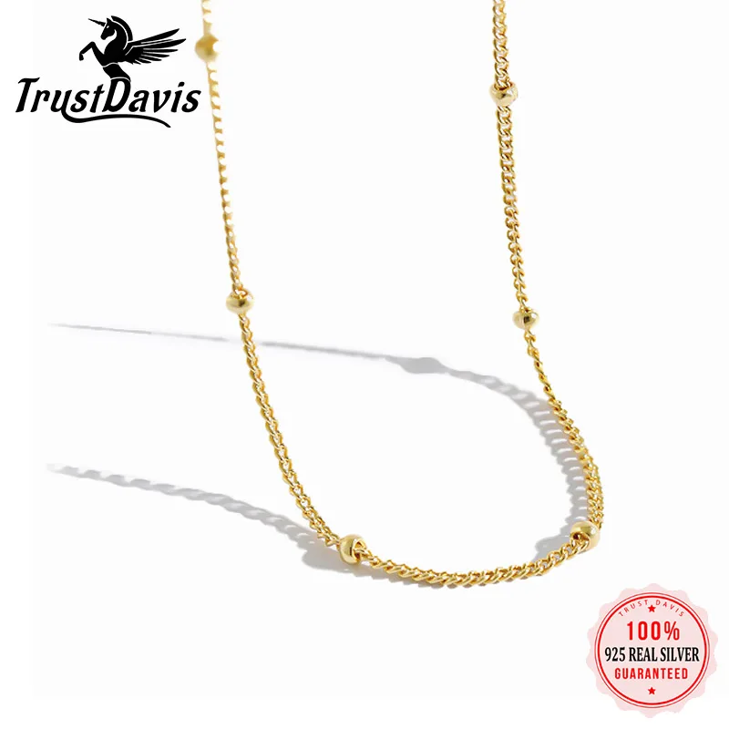 

TrustDavis Real S925 Sterling Silver Bead Necklace Sweet Simple Gold Chain Short Necklace For Women Girl Chic Fine Jewelry H0087