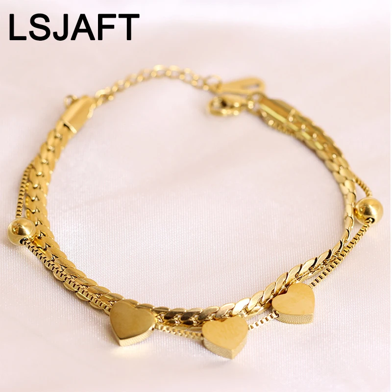 

\Fashion Gold Plated Stainless Steel Heart Multi Layered Flat Snake Chain Bracelet Women Girls Jewelry Gift Party Wedding