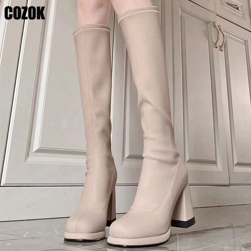 

Modern Knee High Boots Women Long Boot Ladies 2023 New Thick Heels Dress Fashion Pumps Club Female Platform Zipper Shoes Chic