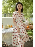 ziqiao french retro red floral dress women v neck a line casual holiday style printing long skirt female clothing summer 2022