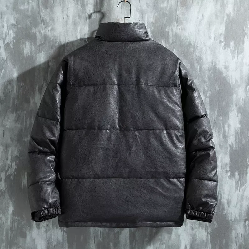 Stand Collar Men`s Pu Leather Cotton Padded Winter Bread Coat Loose Outwear Bright Cotton Parkas Clothes Fashion