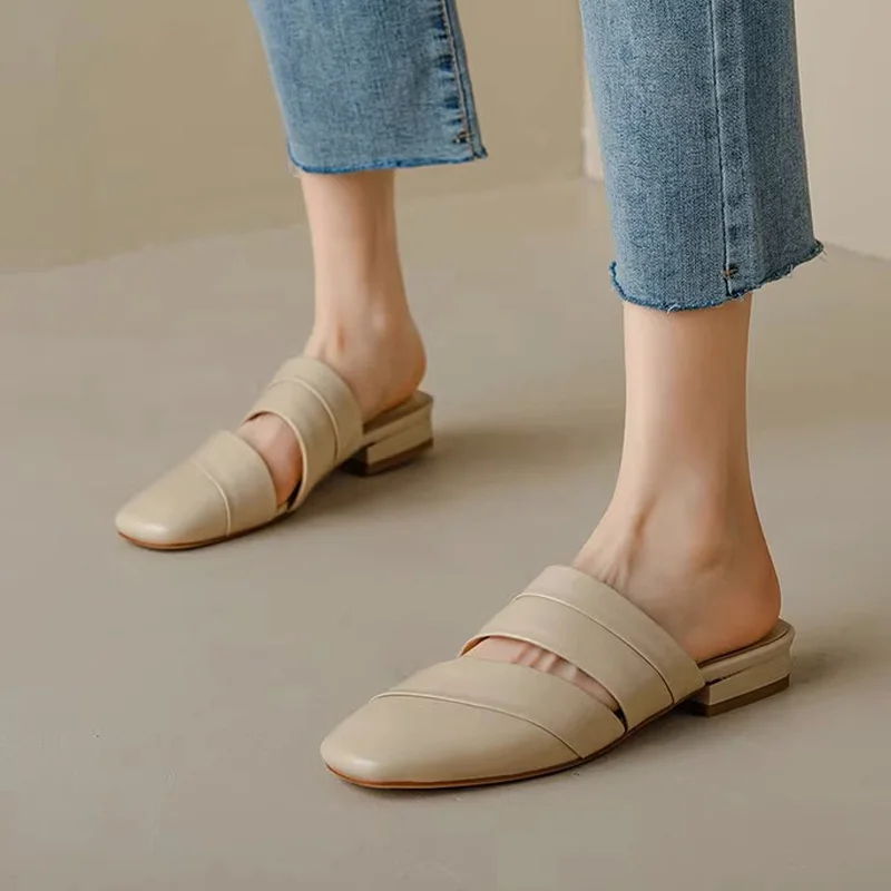 Concise Soft Leatherette Mules Woman Summer Elegant Low Heel Slide Sandals Ladies Twill Hollow Design Outdoor Flat Slipper Shoes