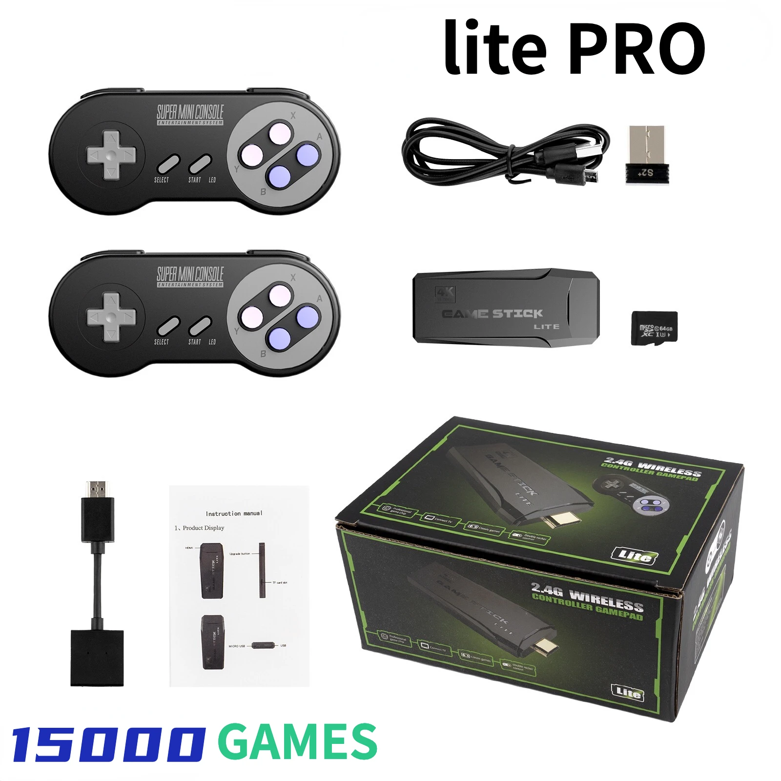 

Video Game Stick Lite Pro 4K Console 64G Built-in 15000 Games Retro handheld Game Console Wireless Controller For PS1/GBA