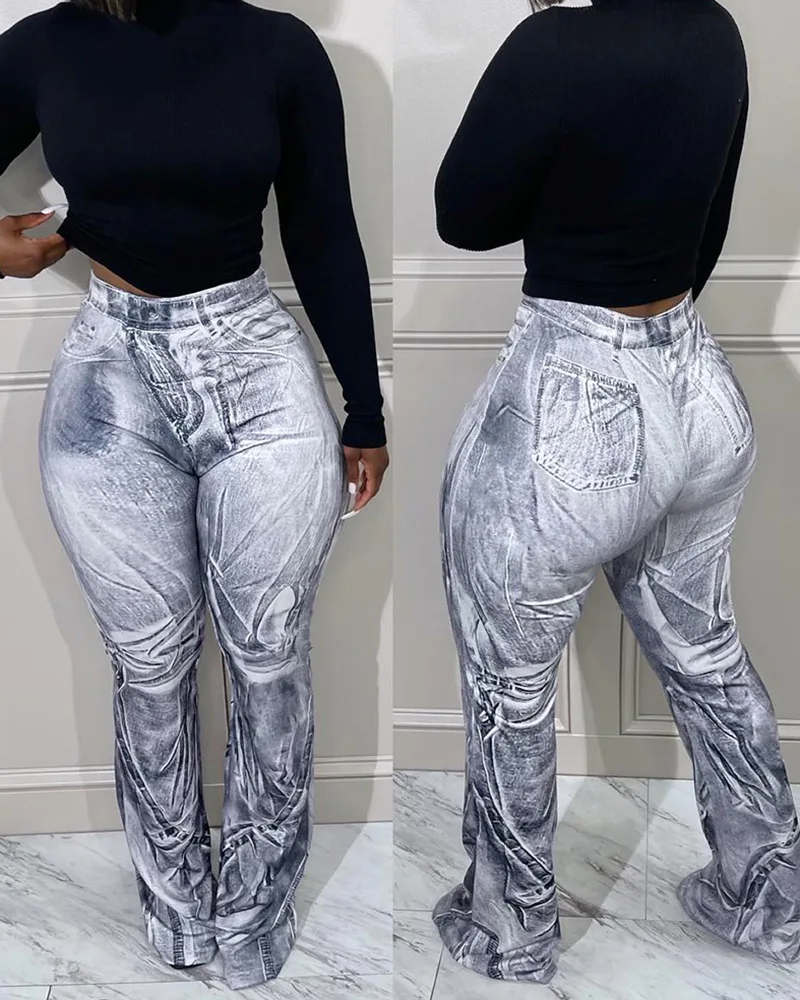 Women's Pants 2023 Spring New Light Gray Denim Print Pants Casual Fashion Jeans