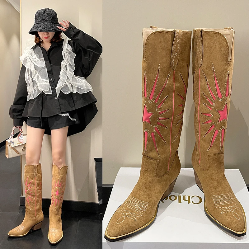 

Женские ковбойские высокие сапоги до колена, с вышивкой, на массивном каблуке и платформе, Женская обувь в западном стиле