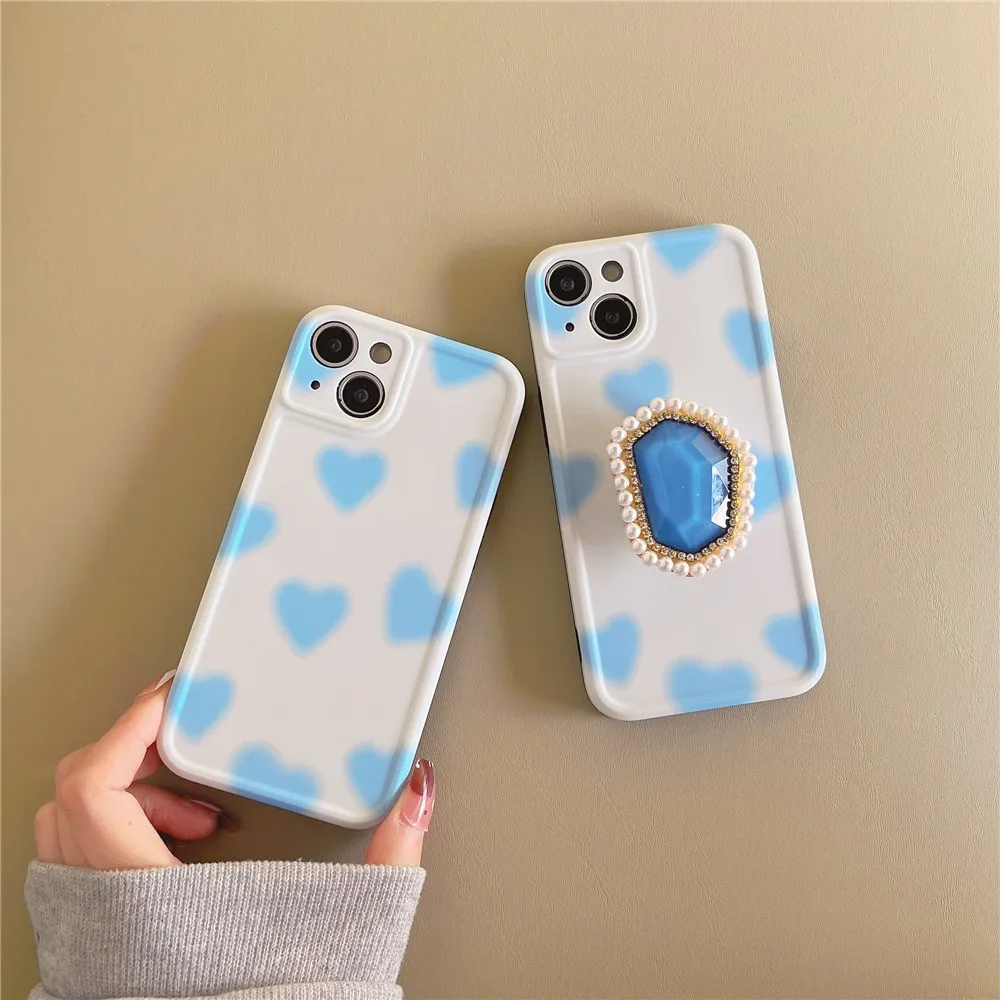 

Fashion Heart Sky Blue 3d Pearl Diamond Folding Stand Girl Soft Case For Iphone 11 12 13 Pro Max 7 8 Plus Xr X Xs Cover Fundas